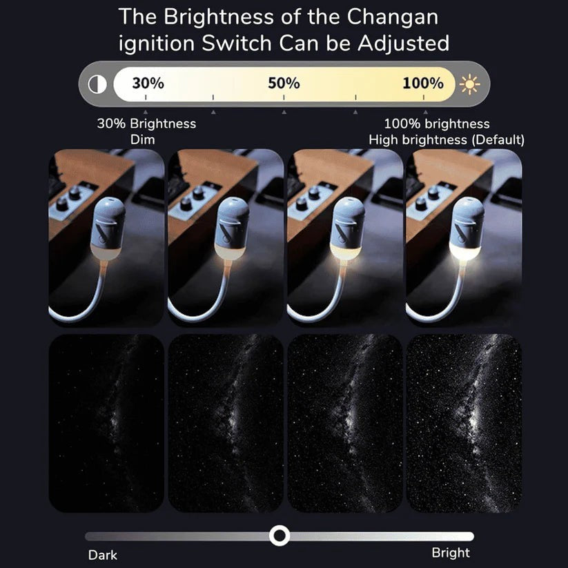MelixTech Dream Projector showing adjustable brightness levels from dim to bright with a starry night projection