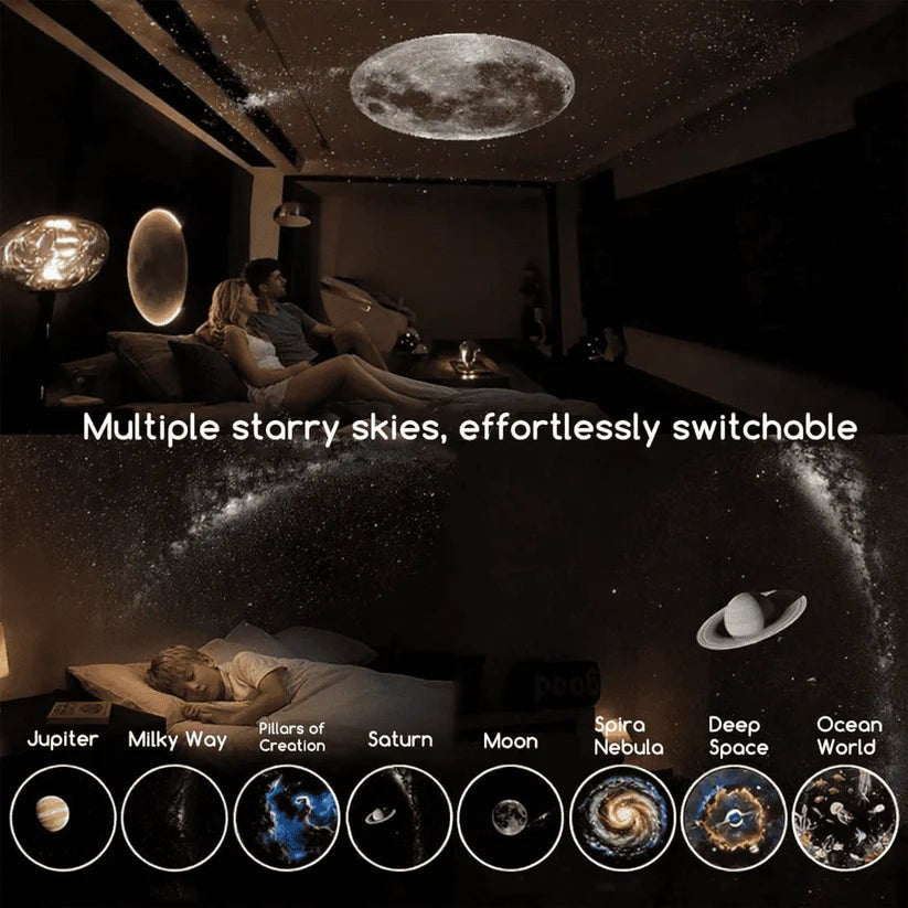 MelixTech Dream Projector displaying various celestial projections like the moon and galaxies in a cozy bedroom.