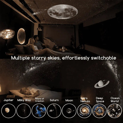MelixTech Dream Projector displaying various celestial projections like the moon and galaxies in a cozy bedroom.