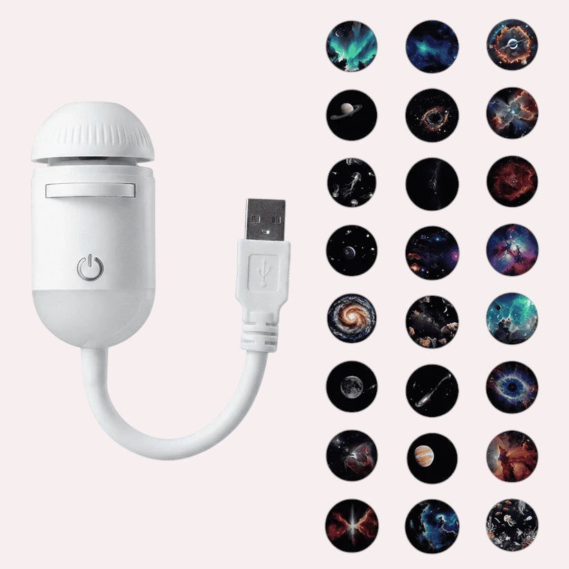 MelixTech Dream Projector with white USB plug and 21 interchangeable space and galaxy projection discs