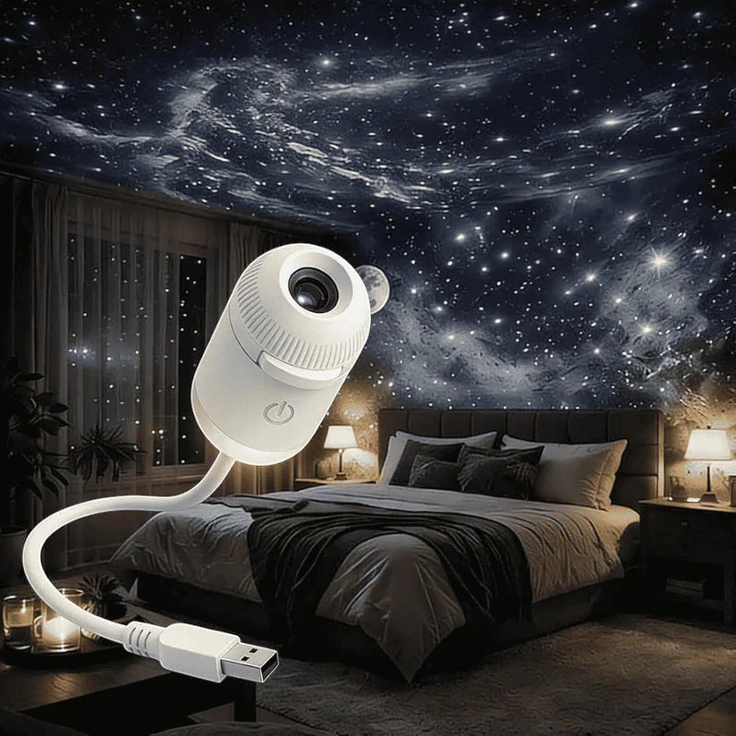 MelixTech Dream Projector with a flexible white neck casting a starry galaxy night sky effect in a cozy bedroom