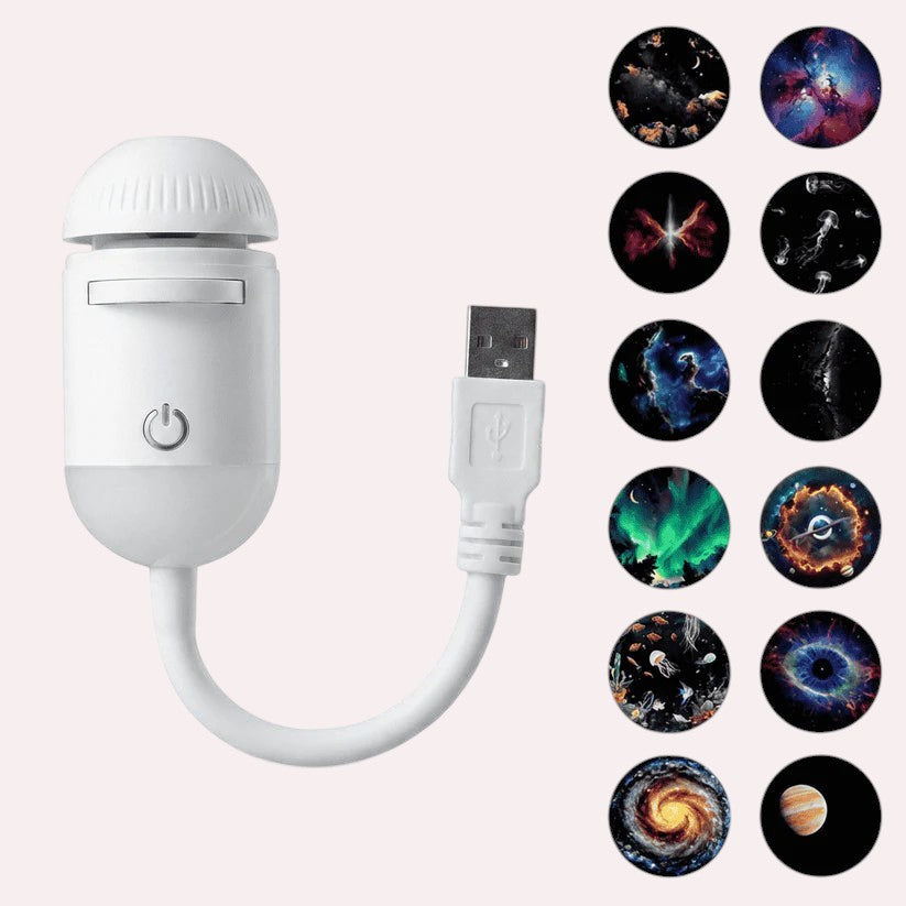 MelixTech Dream Projector in white with USB connector and multiple cosmic galaxy light projection patterns