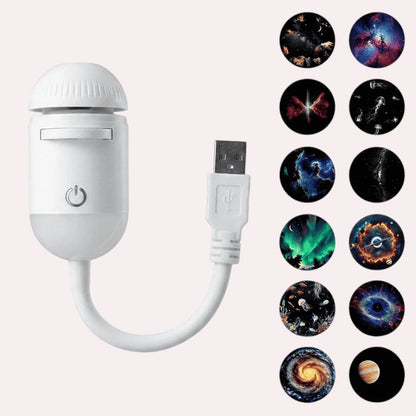 MelixTech Dream Projector in white with USB connector and multiple cosmic galaxy light projection patterns