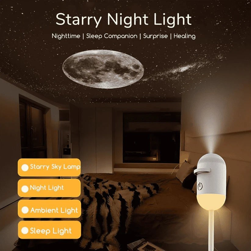 MelixTech Melix Dream Projector casting a realistic moon and starry night sky onto a bedroom ceiling