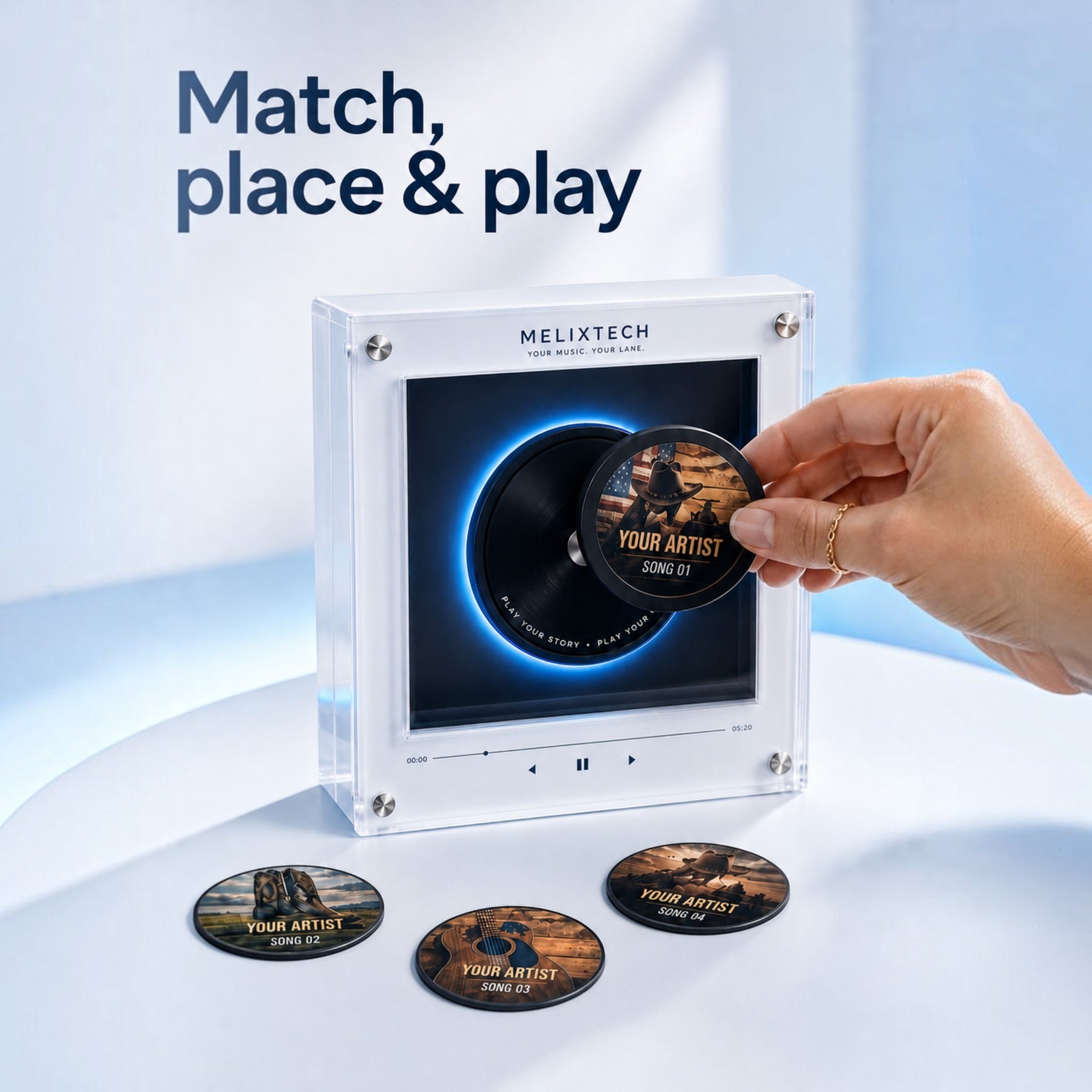 MelixTech Music Fridge Player with custom artist discs being placed into the clear acrylic music player device.