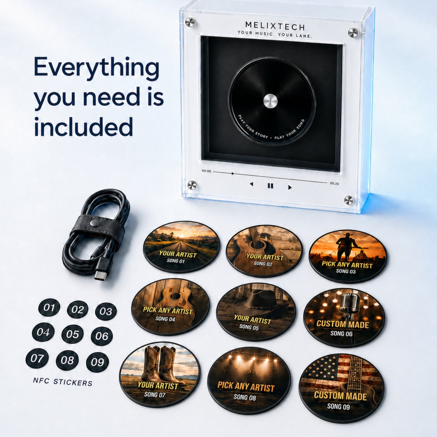 MelixTech Music Fridge Player kit with acrylic display, charging cable, and nine custom artist NFC song stickers.