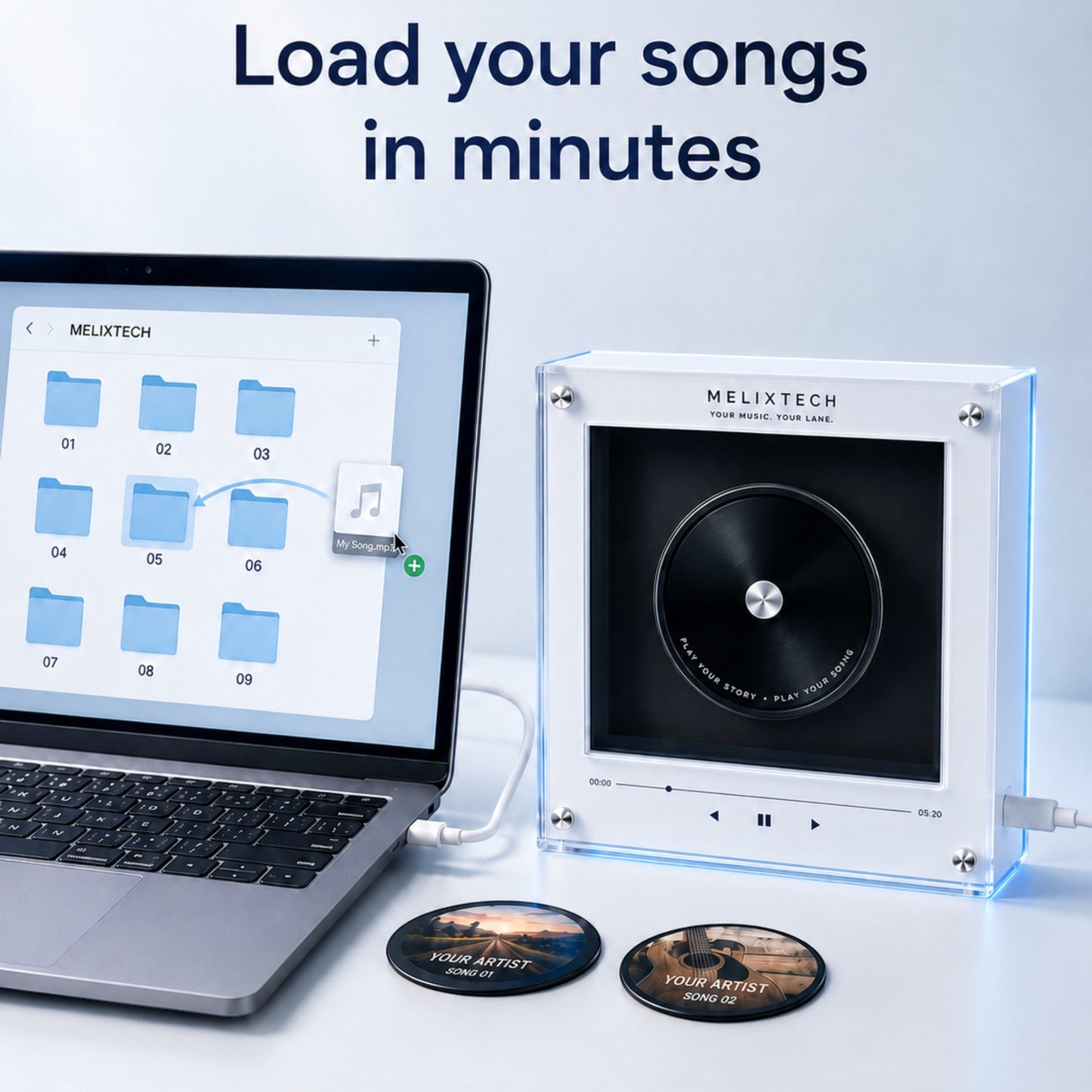MelixTech Music Fridge Player with custom artist discs connected to a laptop for uploading music files.